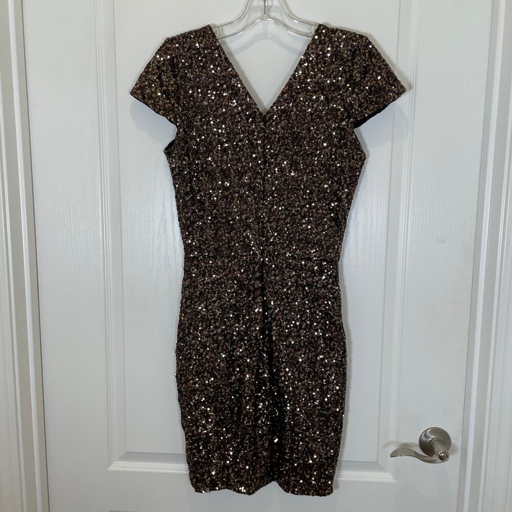 Dress the Population Bronze Sequins Zoe Bodycon Brown Vneck Cap Sleeve‎ Mini XS - Picture 5 of 5